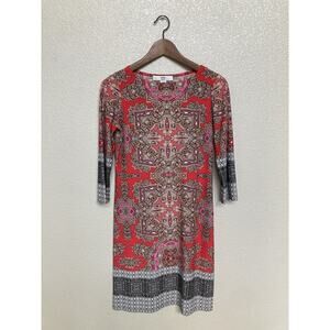 NWOT Wisp red boho stretch dress knee length 2P 3/4 sleeve multicolor hippie